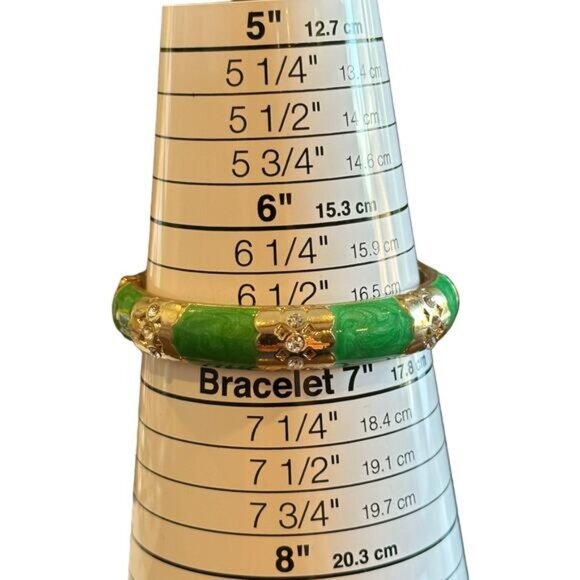 Vintage Green Enamel & Gold Tone Hinged Bangle Bracelet With Rhinestone Floral D - Picture 7 of 7
